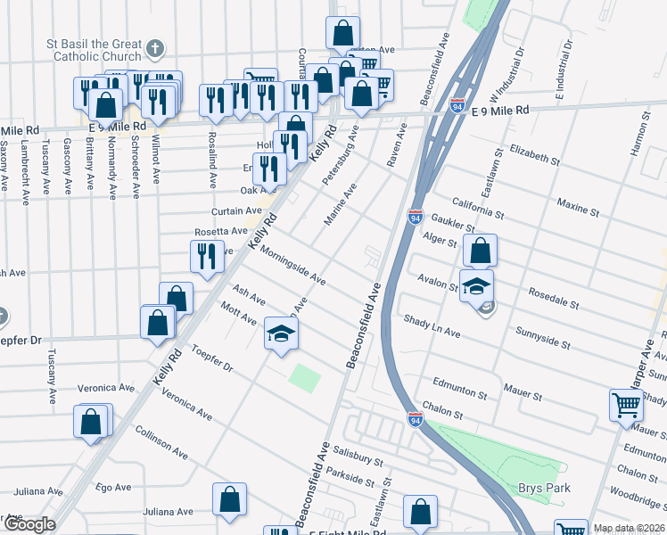 map of restaurants, bars, coffee shops, grocery stores, and more near 18720 Rosetta Avenue in Eastpointe