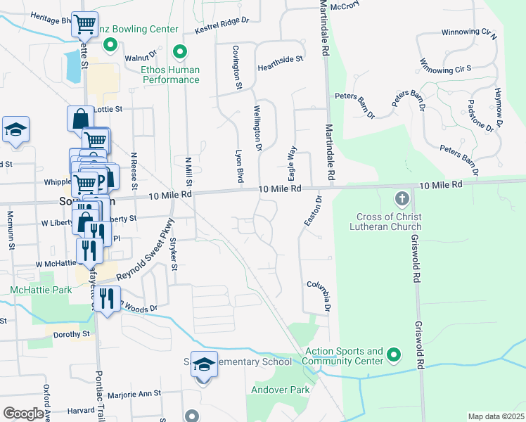 map of restaurants, bars, coffee shops, grocery stores, and more near 200 Brookwood Drive in South Lyon