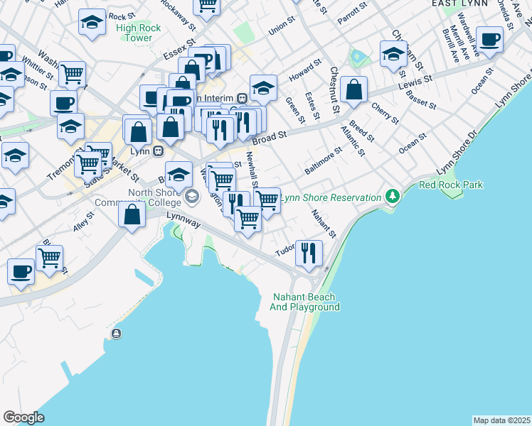 map of restaurants, bars, coffee shops, grocery stores, and more near 69 Newhall Street in Lynn