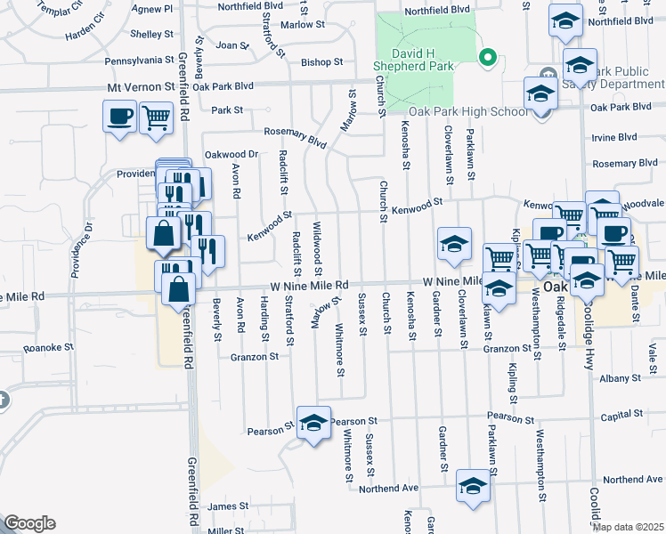 map of restaurants, bars, coffee shops, grocery stores, and more near 23050 Wildwood Street in Oak Park