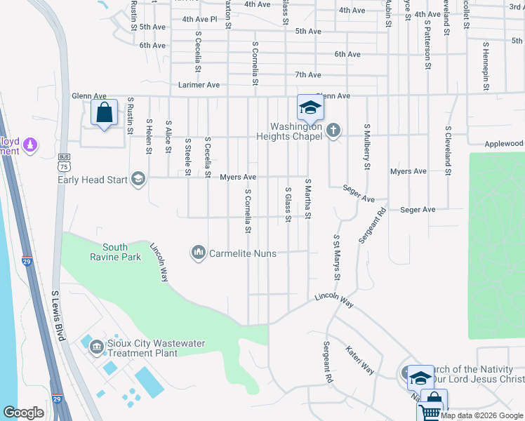 map of restaurants, bars, coffee shops, grocery stores, and more near 2730 South Coral Street in Sioux City