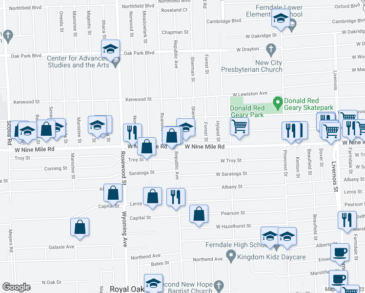 map of restaurants, bars, coffee shops, grocery stores, and more near W 9 Mile Rd & Republic St in Oak Park