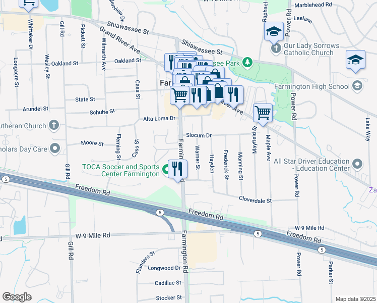 map of restaurants, bars, coffee shops, grocery stores, and more near 23100 Farmington Road in Farmington