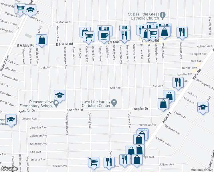 map of restaurants, bars, coffee shops, grocery stores, and more near 22015 David Avenue in Eastpointe