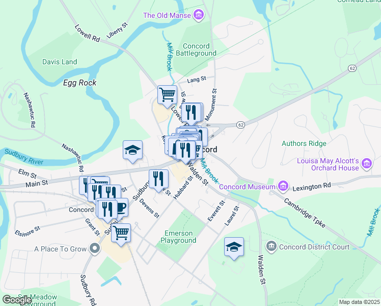 map of restaurants, bars, coffee shops, grocery stores, and more near 52 Main Street in Concord
