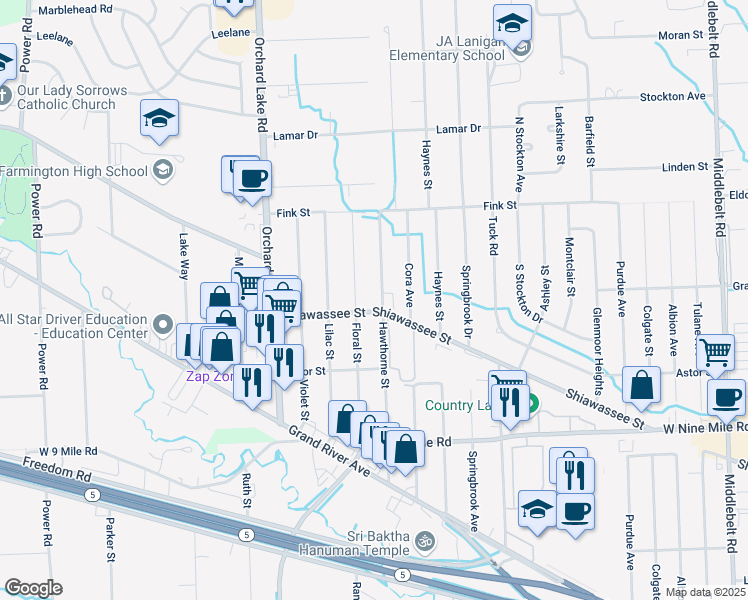 map of restaurants, bars, coffee shops, grocery stores, and more near 23057 Hawthorne Street in Farmington