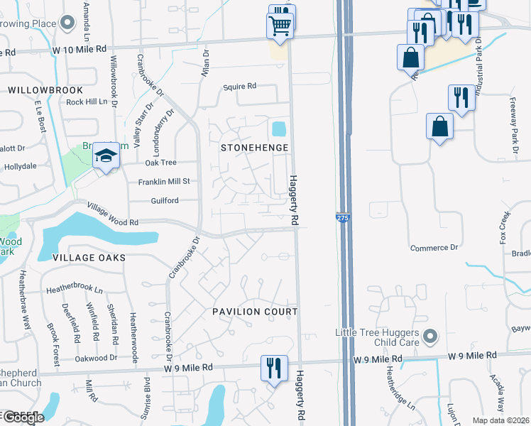 map of restaurants, bars, coffee shops, grocery stores, and more near 39656 Kartar Lane in Novi