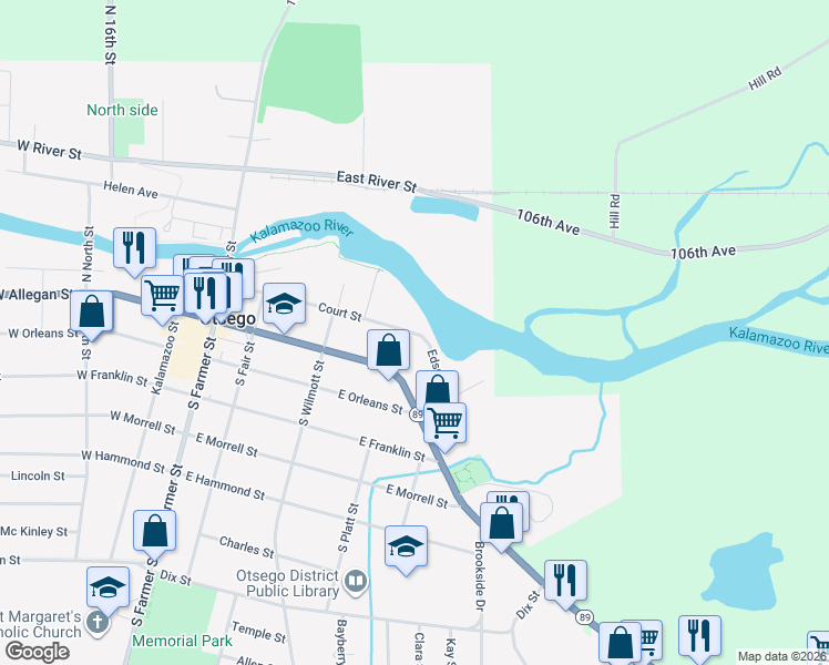map of restaurants, bars, coffee shops, grocery stores, and more near 401 Court Street in Otsego