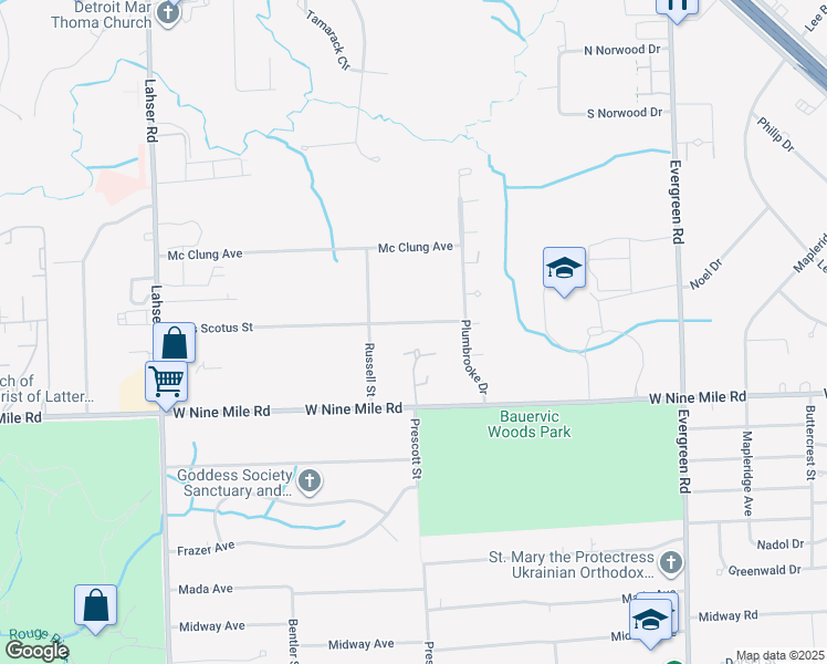 map of restaurants, bars, coffee shops, grocery stores, and more near 20941 Duns Scotus Street in Southfield