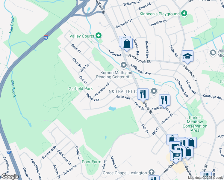 map of restaurants, bars, coffee shops, grocery stores, and more near 5 Kimball Road in Lexington