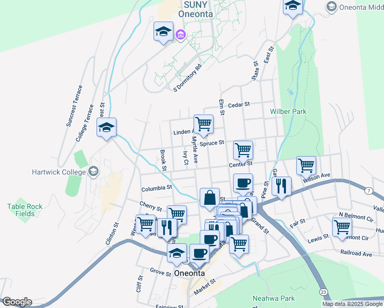 map of restaurants, bars, coffee shops, grocery stores, and more near 7 Myrtle Avenue in Oneonta