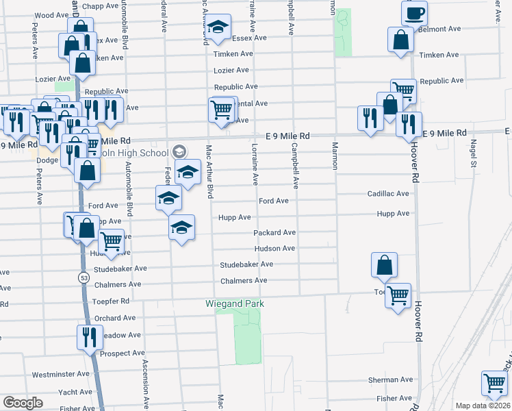 map of restaurants, bars, coffee shops, grocery stores, and more near 8742 Ford Avenue in Warren