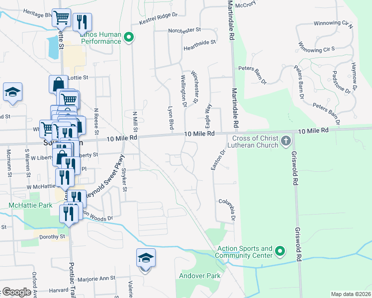 map of restaurants, bars, coffee shops, grocery stores, and more near 128 Brookwood Court in South Lyon