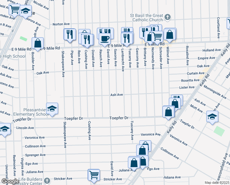 map of restaurants, bars, coffee shops, grocery stores, and more near 22038 Saxony Avenue in Eastpointe