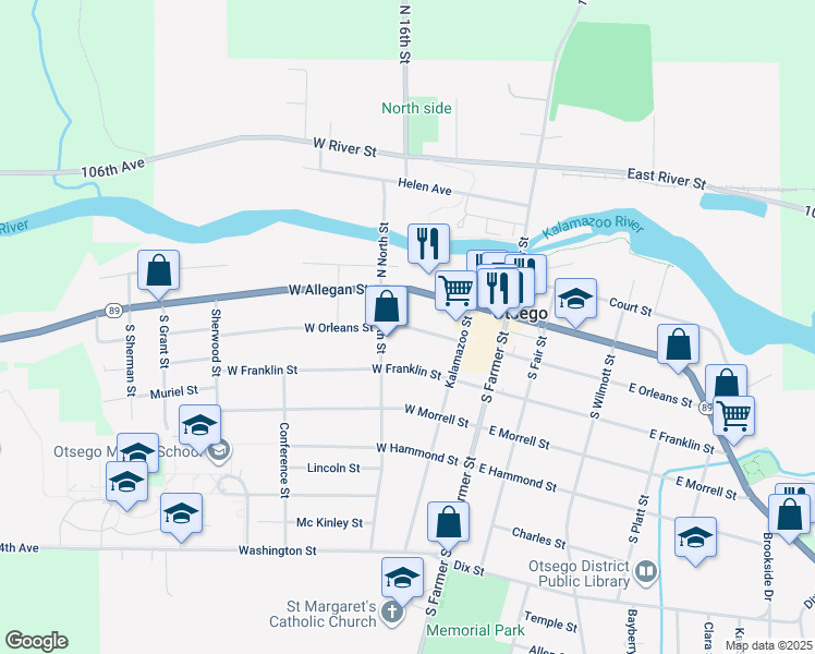 map of restaurants, bars, coffee shops, grocery stores, and more near 252 West Orleans Street in Otsego