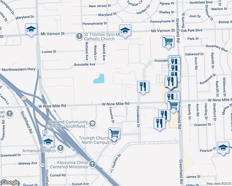 map of restaurants, bars, coffee shops, grocery stores, and more near 16300 West Nine Mile Road in Southfield