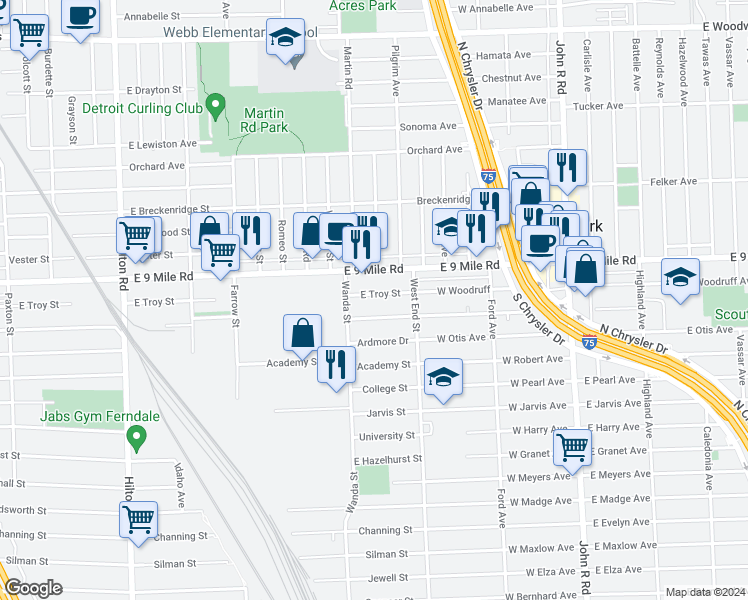 map of restaurants, bars, coffee shops, grocery stores, and more near 1870 East Troy Street in Ferndale