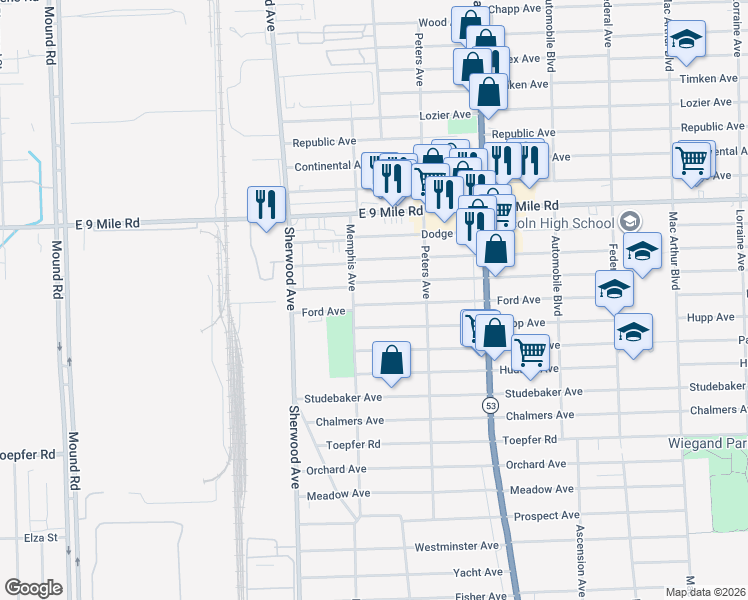 map of restaurants, bars, coffee shops, grocery stores, and more near 7043 Ford Avenue in Warren