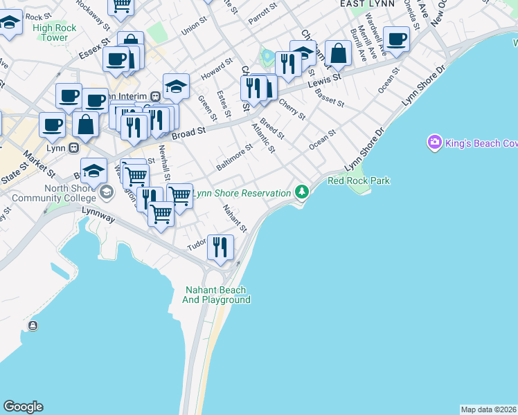 map of restaurants, bars, coffee shops, grocery stores, and more near 285 Lynn Shore Drive in Lynn