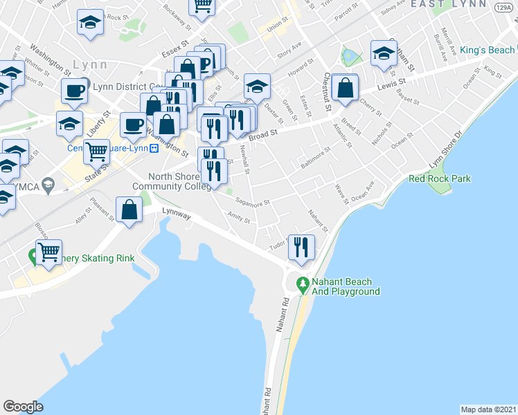 map of restaurants, bars, coffee shops, grocery stores, and more near 69 Newhall Street in Lynn