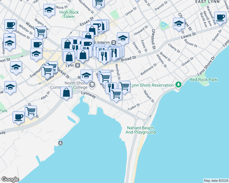 map of restaurants, bars, coffee shops, grocery stores, and more near 80 Sagamore Street in Lynn