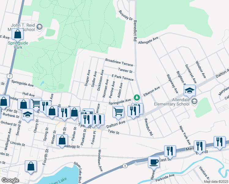 map of restaurants, bars, coffee shops, grocery stores, and more near 41 Perrine Avenue in Pittsfield