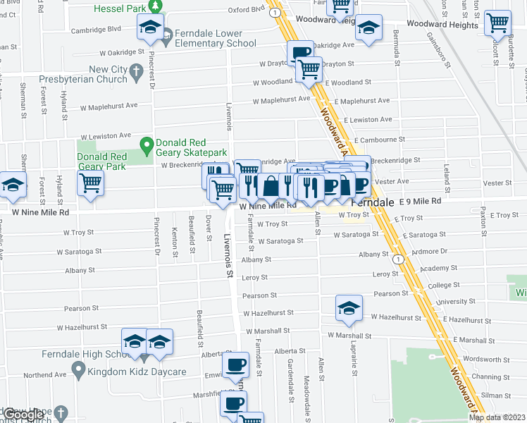 map of restaurants, bars, coffee shops, grocery stores, and more near in Ferndale