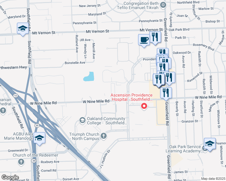 map of restaurants, bars, coffee shops, grocery stores, and more near 16300 West Nine Mile Road in Southfield