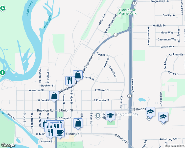 map of restaurants, bars, coffee shops, grocery stores, and more near 738 Salem Street in Rockton