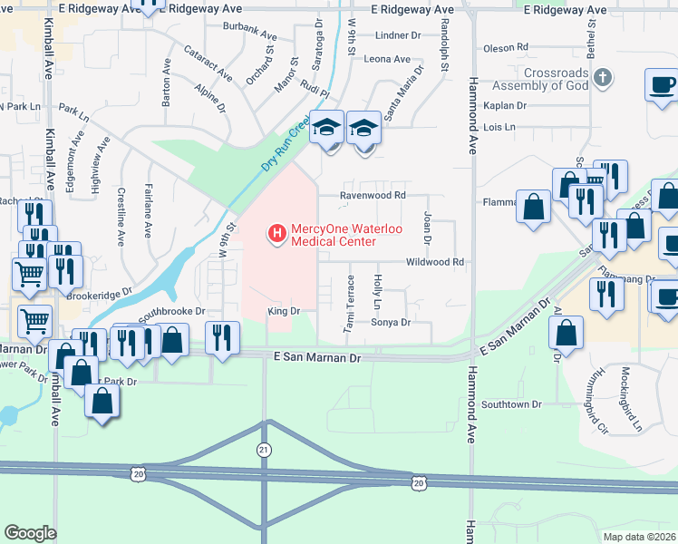 map of restaurants, bars, coffee shops, grocery stores, and more near 3810 Tami Terrace in Waterloo