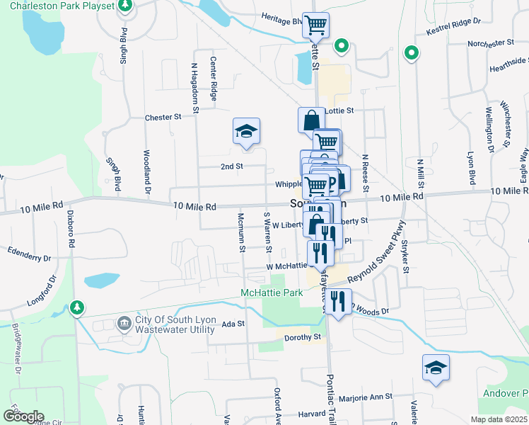 map of restaurants, bars, coffee shops, grocery stores, and more near 305 West Lake Street in South Lyon