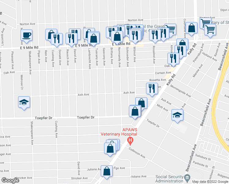 map of restaurants, bars, coffee shops, grocery stores, and more near 22004 Brittany Avenue in Eastpointe