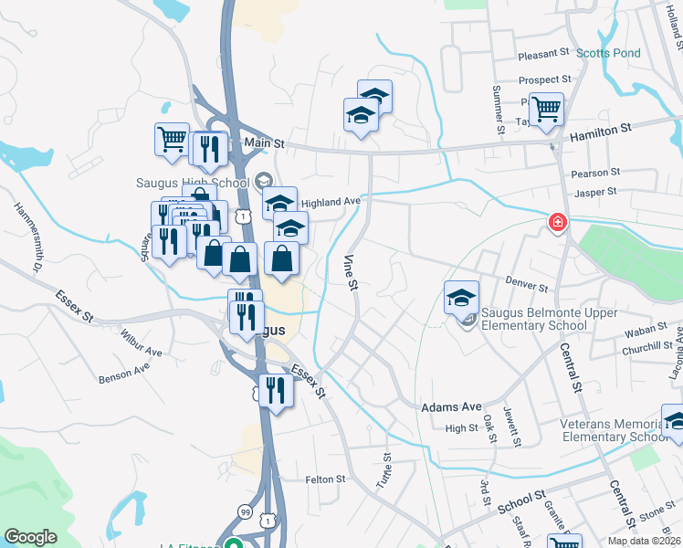 map of restaurants, bars, coffee shops, grocery stores, and more near 67 Vine Street in Saugus
