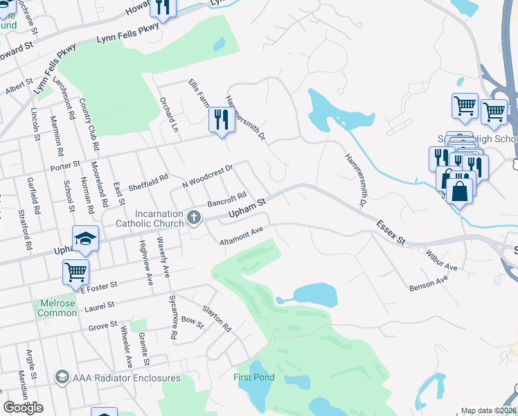 map of restaurants, bars, coffee shops, grocery stores, and more near 500 Upham Street in Melrose