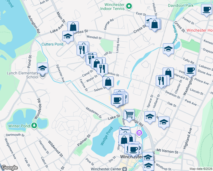 map of restaurants, bars, coffee shops, grocery stores, and more near 842 Main Street in Winchester