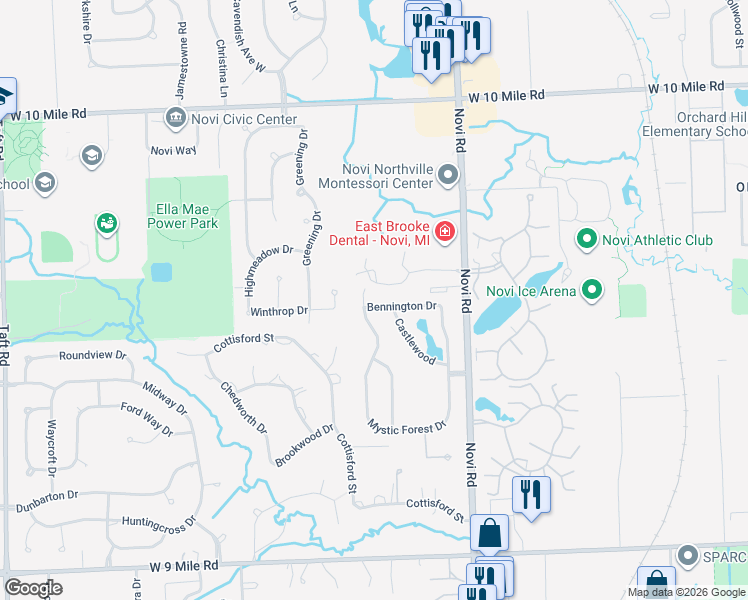 map of restaurants, bars, coffee shops, grocery stores, and more near 43490 Bennington Drive in Novi