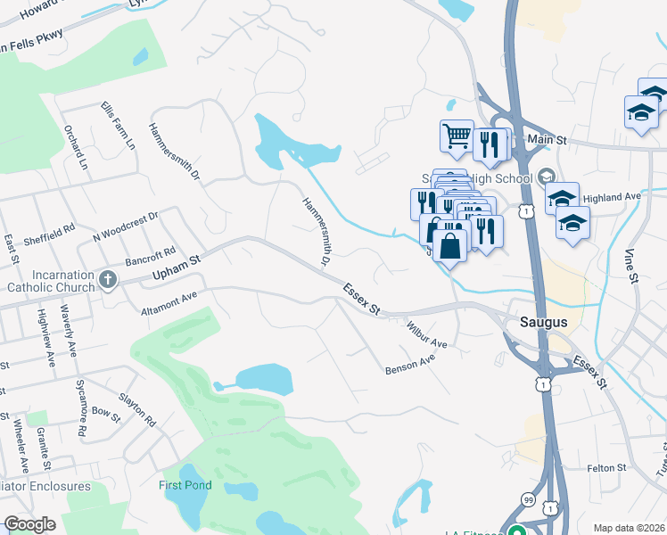 map of restaurants, bars, coffee shops, grocery stores, and more near 1 Hammersmith Drive in Saugus