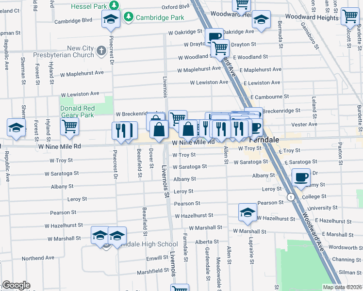map of restaurants, bars, coffee shops, grocery stores, and more near in Ferndale
