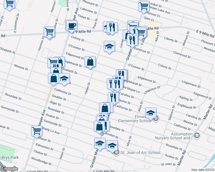 map of restaurants, bars, coffee shops, grocery stores, and more near 22123 Elizabeth Street in St. Clair Shores