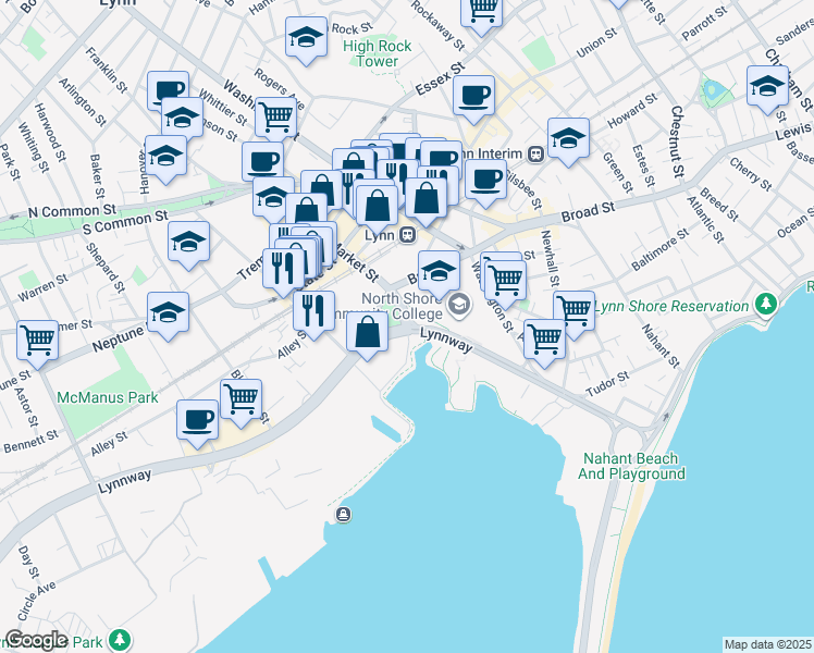 map of restaurants, bars, coffee shops, grocery stores, and more near 298 Market Street in Lynn
