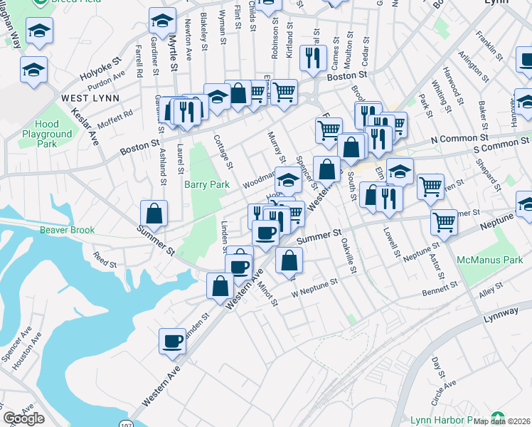 map of restaurants, bars, coffee shops, grocery stores, and more near 32 Nelson Street in Lynn