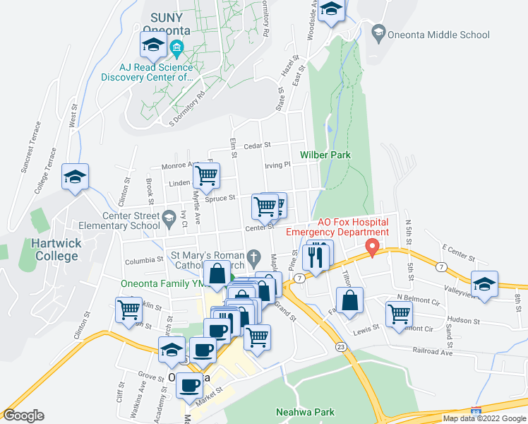 map of restaurants, bars, coffee shops, grocery stores, and more near 43 Maple Street in Oneonta