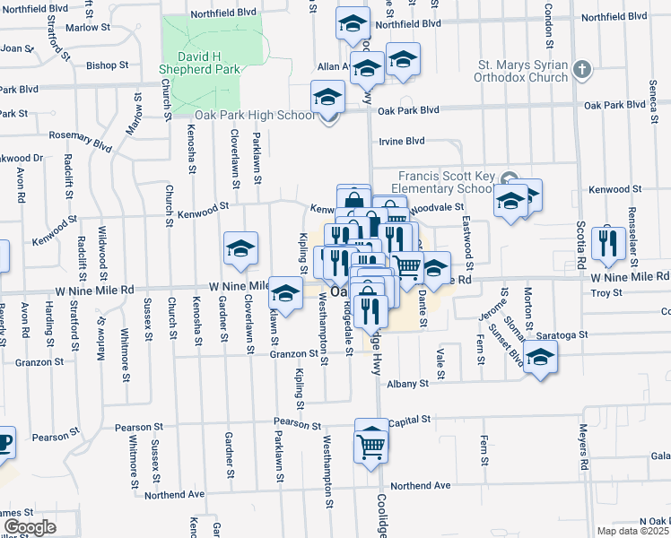 map of restaurants, bars, coffee shops, grocery stores, and more near 13770 West Nine Mile Road in Oak Park