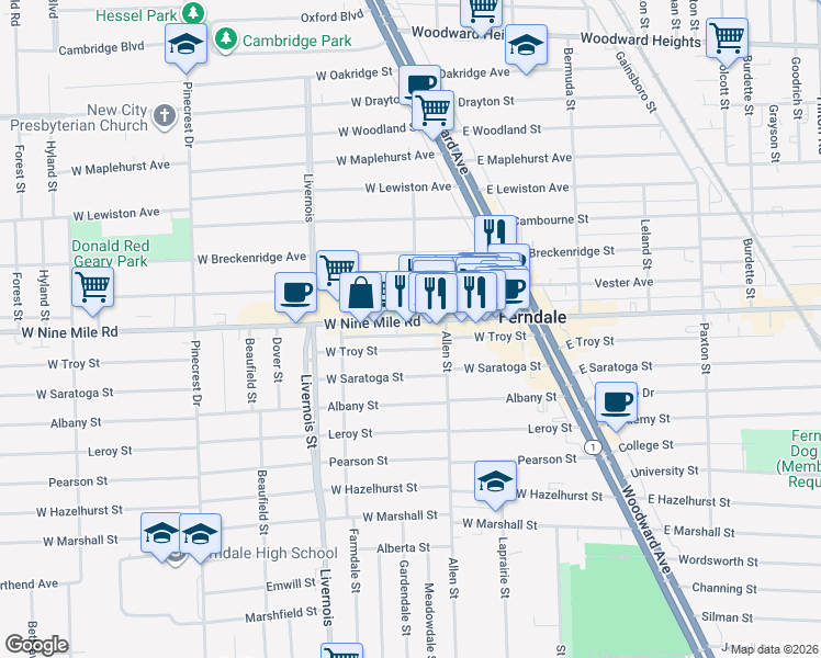 map of restaurants, bars, coffee shops, grocery stores, and more near 344 West Nine Mile Road in Ferndale