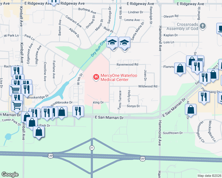 map of restaurants, bars, coffee shops, grocery stores, and more near 2707 Saint Francis Drive in Waterloo