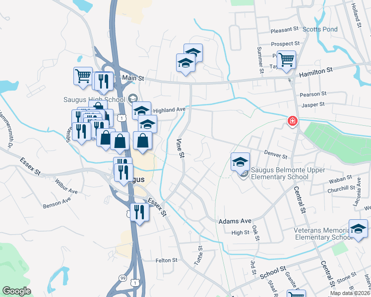 map of restaurants, bars, coffee shops, grocery stores, and more near 60 Vine Street in Saugus