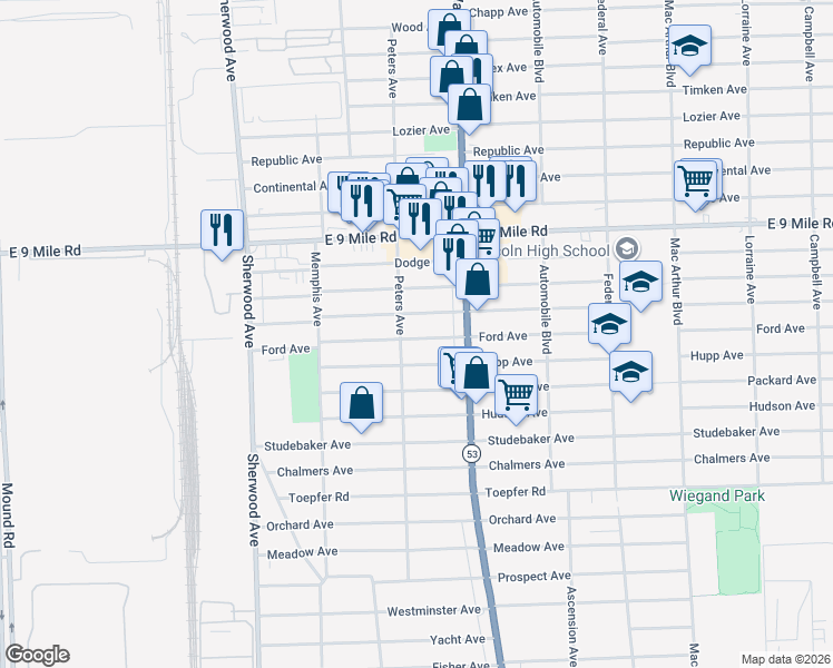 map of restaurants, bars, coffee shops, grocery stores, and more near 7551 Ford Avenue in Warren