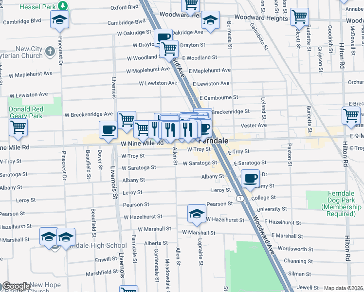 map of restaurants, bars, coffee shops, grocery stores, and more near in Ferndale