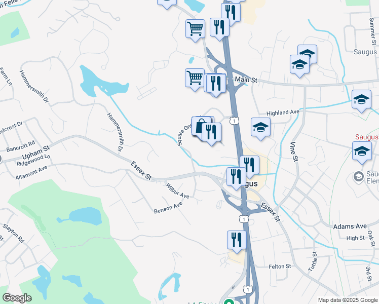 map of restaurants, bars, coffee shops, grocery stores, and more near Square 1 Mall in Saugus