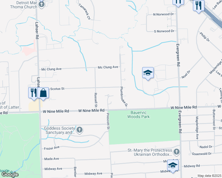 map of restaurants, bars, coffee shops, grocery stores, and more near 20941 Duns Scotus Street in Southfield